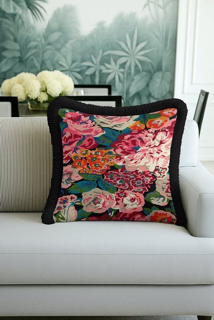 Flower Garden Fringed Pillowcase - Colorful Vintage Bohemian Black Tassel Throw Pillow Cover