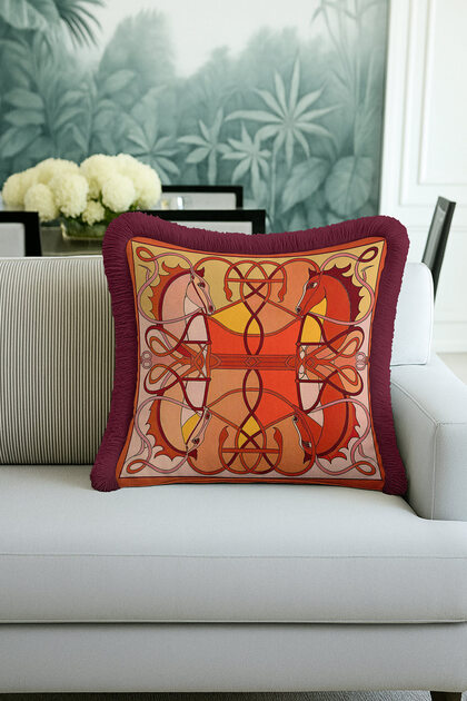 Palace Horse Figured Luxury Fringed Pillowcase-Corner Burgundy Modern Gold Color Tassel Throw Pillow Cover
