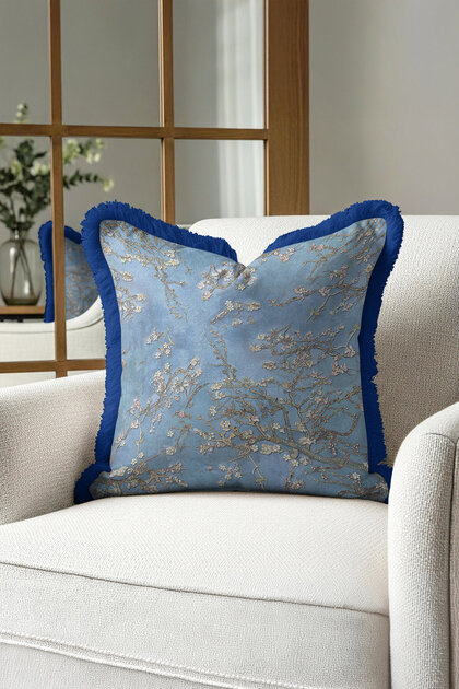 Elegant Floral Motif Fringed Pillowcase - Japanese-Inspired Blue Modern Tassel Throw Pillow Cover