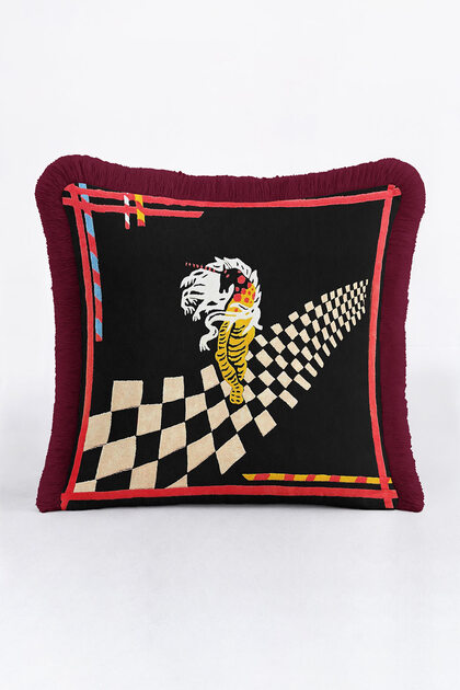Modern Art Fringed Pillowcase-Black Gold Color Retro Tassel Throw Pillow Cover with Chess Figures