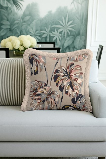 Tropical Leaf Fringe Pillowcase - Natural Tones Bohemian Beige Tassel Throw Pillow Cover