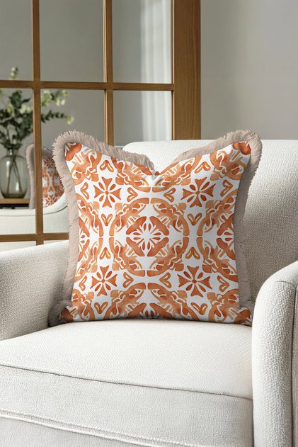 Mediterranean Motif Fringed Pillowcase - Bohemian Tile Rust Orange Beige Tassel Throw Pillow Cover