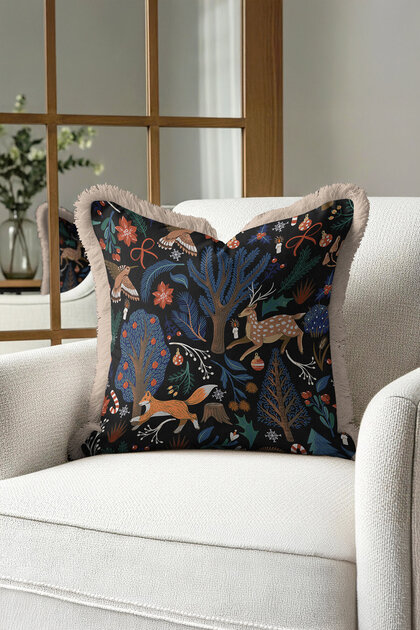 Luxury Forest Animals Fringed Pillowcase - Winter Themed Rustic Navy Blue Beige Tassel Throw Pillow Cover