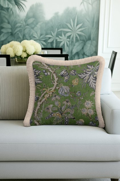 Luxury Botanical Fringed Pillowcase - Vintage Nature Themed Country Green Cream Tufted Throw Pillow Cover