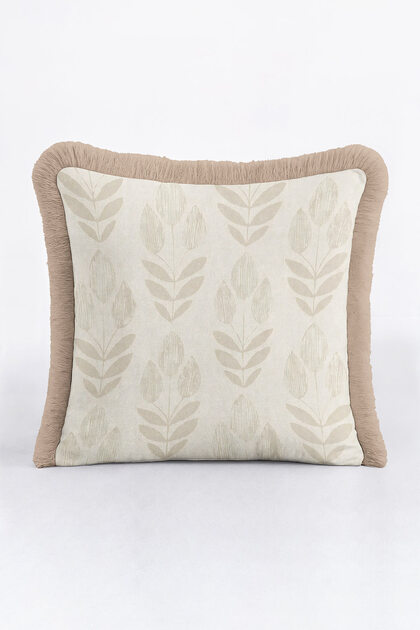 Elegant Leaf Motif Fringed Pillowcase - Natural Soft Scandinavian Beige Tufted Throw Pillow Cover