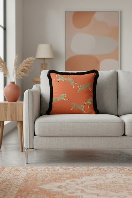 Luxury Safari Themed Fringed Pillowcase - Wild Chic Bohemian Orange Black Tassel Throw Pillow Cover