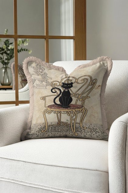 Vintage Palace Motif Fringed Pillowcase-Elegant Cat Figure Nostalgic Beige Tassel Throw Pillow Cover