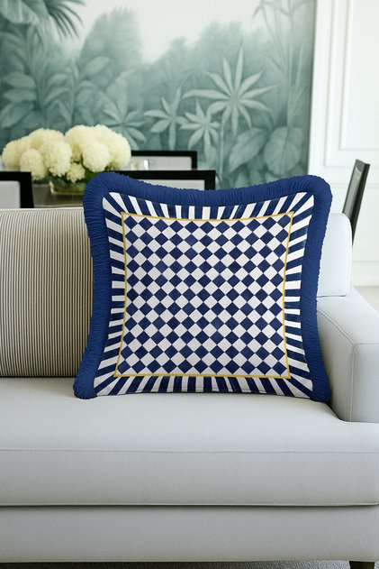 Royal Geometric Fringe Pillowcase - Elegant Modern Navy Blue Gold Color Tassel Throw Pillow Cover