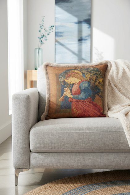 Classic Art Accorded Luxury Fringed Pillowcase-Woman Playing Flute Vintage Beige Tassels Throw Pillow Case