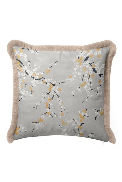 Luxury Floral Branch Fringed Pillowcase - Elegant Japanese-Inspired Modern Gray Cream Tufted Throw Pillow Cover