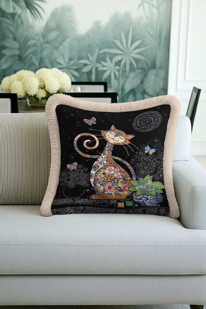 Floral Cheerful Cat Fringe Pillowcase - Bohemian Spring Black Tassel Throw Pillow Cover