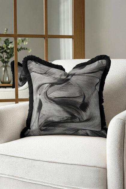 Modern Art Themed Black Gray Fringed Pillowcase-Wave Motifs Modern Tufted Throw Pillow Case