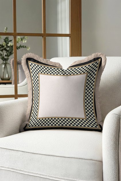 Luxury Checkered Fringed Pillowcase - Classic Modern Black Cream Gold Color Tassel Throw Pillow Cover