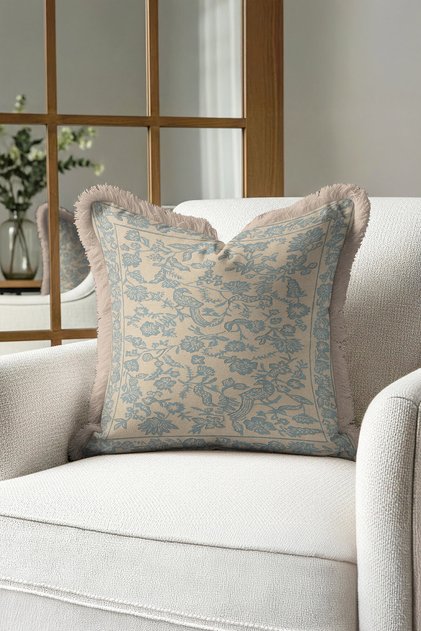 Elegant Bird Motif Fringed Pillowcase - Vintage Natural Rustic Blue Tasseled Cushion Cover