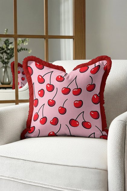 Pop Art Cherry Fringed Pillowcase - Energetic Pastel Bohemian Pink Red Tassel Throw Pillow Cover