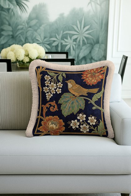 Vintage Bird Floral Fringe Pillowcase - Natural Nordic Navy Blue Cream Tufted Throw Pillow Cover