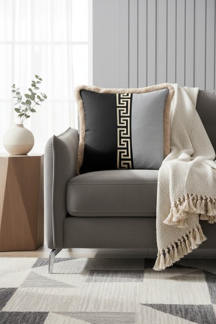 Luxury Geometric Motif Fringed Pillowcase - Classic Greek Black Gray Gold Tufted Throw Pillow Cover