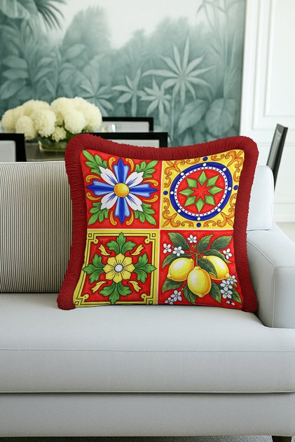 Colorful Mediterranean Luxury Fringed Pillowcase-Lemon Flower Motif Retro Red Tassel Throw Pillow Cover