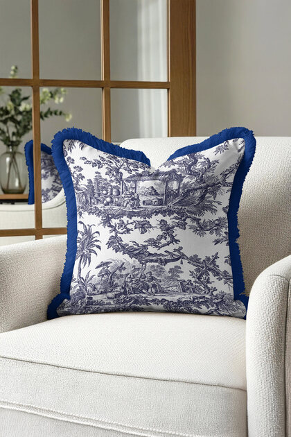 Baroque Art-Inspired Luxurious Fringed Pillowcase-Classic Blue White Nostalgic Tassel Throw Pillow Cover