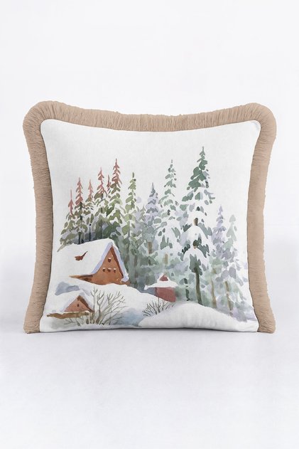 Snow Holiday Fringed Pillowcase - Winter Forest Themed Rustic Beige Green Tassel Throw Pillow Cover