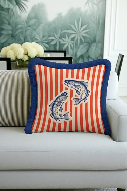 Nautical Striped Luxury Fringed Pillowcase-Fish Themed Coastal Blue Red Tassel Throw Pillow Cover