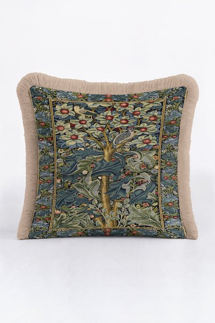Luxury Vintage Garden Fringed Pillowcase - Artistic Nature Eclectic Blue Green Tufted Throw Pillow Cover