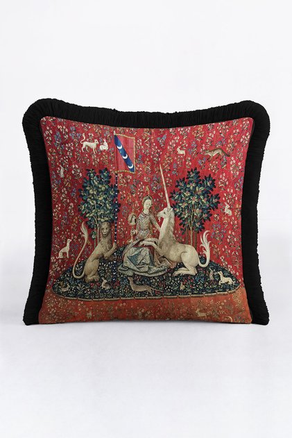 Medieval Tapestry Art Motif Fringed Pillowcase-Mythological Figures Throw Pillow Cover with Red Tassels
