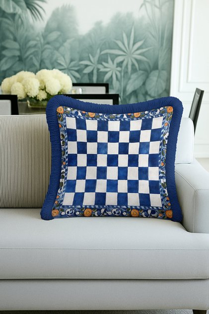 Luxury Fringed Pillowcase-Blue White Mediterranean Themed Throw Pillow Cover with Fruit Border and Tassels