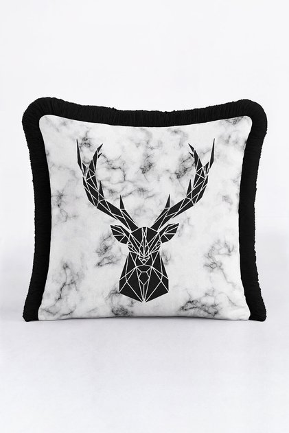 Geometric Deer Fringed Pillowcase - Monochrome Modern Black and White Tassel Throw Pillow Cover