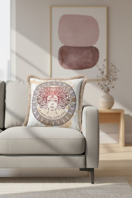 Mythological Medusa Fringed Pillowcase - Ancient Greek Inspired Beige Cream Tufted Throw Pillow Cover