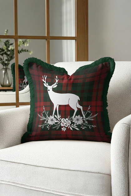 Christmas Deer Fringed Pillowcase - Plaid New Year Retro Red Green Tassel Throw Pillow Cover