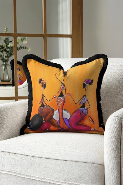 African Art-Inspired Fringed Pillowcase - Ethnic Tribal Orange Black Tassel Throw Pillow Cover