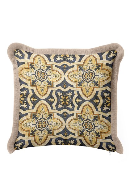 Italian Motif Luxury Fringed Pillowcase-Geometric Marine Mediterranean Themed Tassel Throw Pillow Cover