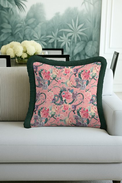 Luxury Flower Garden Fringed Pillowcase - Elegant Romantic Bohemian Pink Green Tassel Throw Pillow Cover