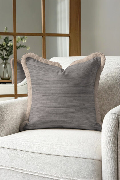 Fine Line Luxury Fringed Pillowcase-Beige Grey Elegant Tufted Throw Pillow Cover for Modern Homes