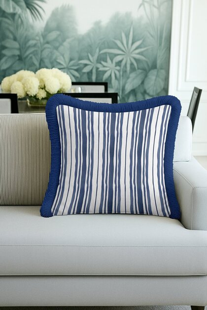Luxury Striped Fringed Pillowcase - Marin Modern Navy Blue White Tufted Throw Pillow Cover