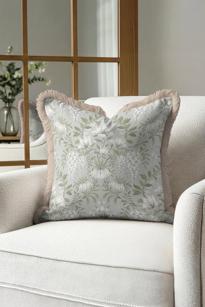 Elegant Floral Fringed Pillowcase - Vintage Botanical Nostalgic Green Beige Tassel Throw Pillow Cover