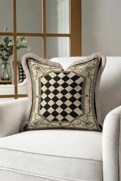 Checkered Geometric Fringe Pillowcase - Classic Sophisticated Black Gold Color Tassel Throw Pillow Cover