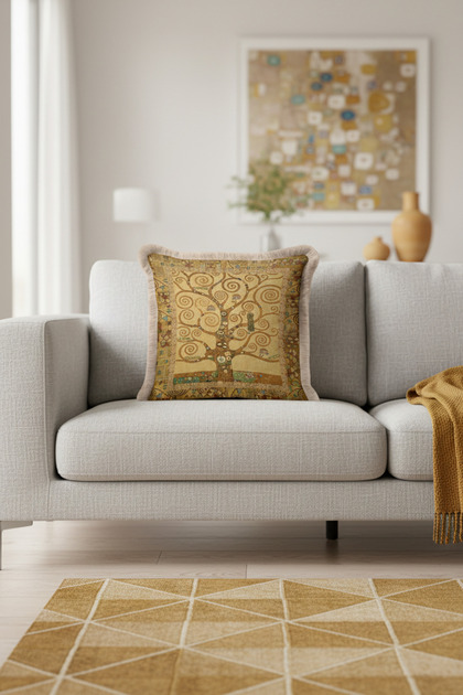Gustav Klimt Tree Luxury Fringed Pillowcase-Abstract Yellow Gold Color Retro Tassels Throw Pillow Cover