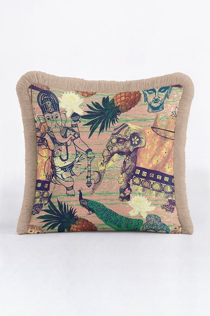 Ethnic Elephant Figured Fringed Pillowcase - Bohemian Green Cream Background with Beige Tassels Throw Pillow Cover
