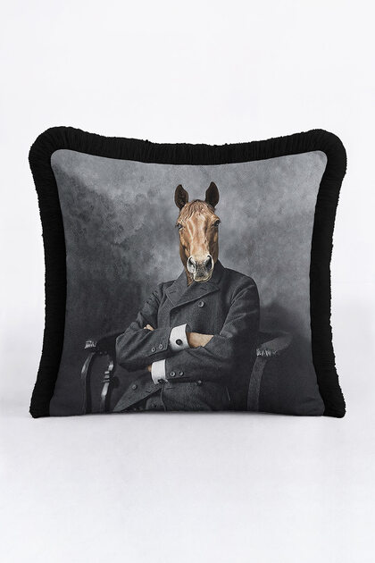 Avant-Garde Portrait Luxury Fringed Pillowcase-Elegan Animal Figure Grey Modern Tufted Throw Pillow Cover