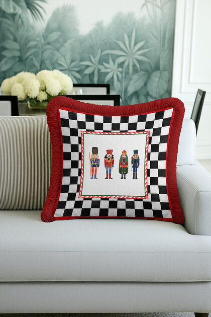 Square Patterned Fringed Pillowcase - Christmas Themed Nostalgic Red Tassel Throw Pillow Cover