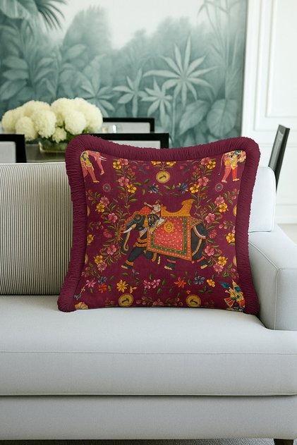 Indian Palace Animal Figured Luxury Fringed Pillow Case-Ethnic Burgundy Gold Color Tassels Throw Pillow Cover