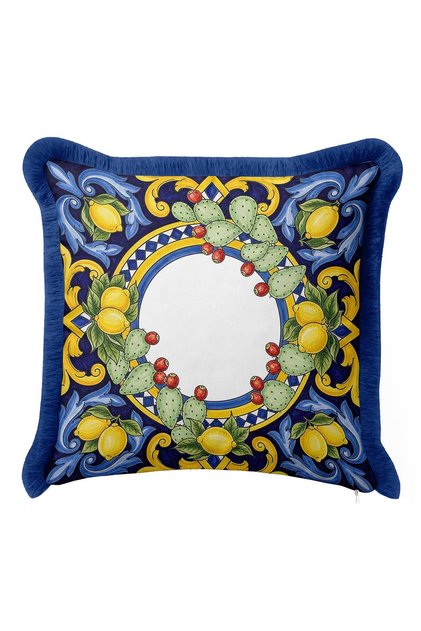 Sicily Mediterranean Yellow Blue Luxury Fringed Pillowcase-Blue Tufted Throw Pillow Cover with Lemon Floral Motif