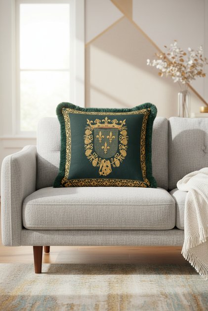 Palace Splendor Luxury Fringed Pillowcase-Noble Royal Motif Green Gold Tassel Throw Pillow Cover