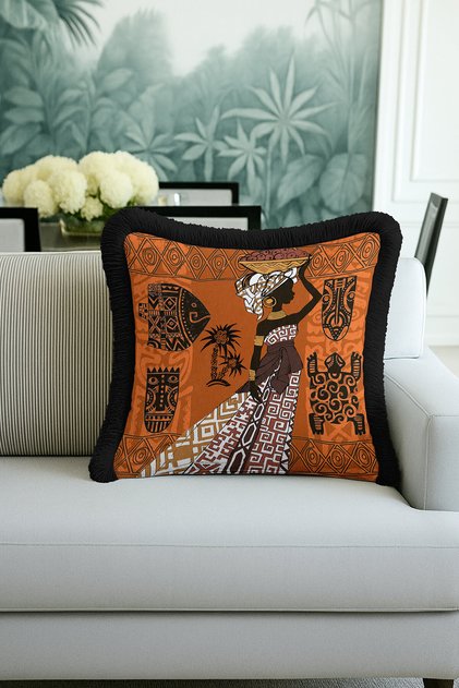 Ethnic African Patterned Fringed Pillowcase - Bohemian Tribal Brown Orange Tassel Throw Pillow Cover