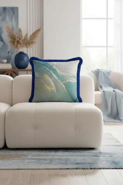 Luxury Marble Effect Fringed Pillowcase-Egean Coasts Turquoise Gold Color Throw Pillow Case with Tassels