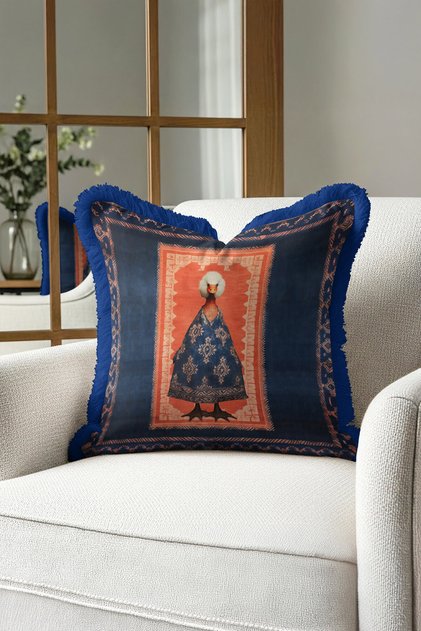 Palace Magnificent Fringed Pillowcase - Artistic Bohemian Navy Blue Orange Tassel Throw Pillow Cover