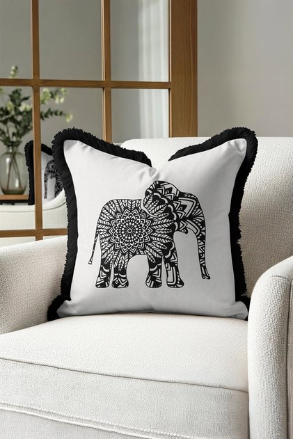 Mandala Elephant Chic Fringed Pillowcase - Indian Inspired Bohemian Black and White Tassel Throw Pillow Cover