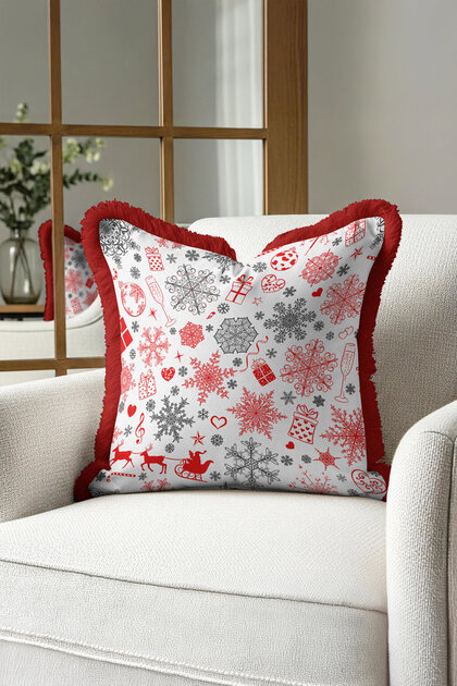 Winter Motif Fringed Pillowcase - New Year Themed Modern Red White Tassel Throw Pillow Cover